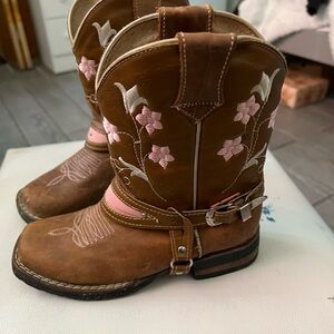 Brown Cowboy Boots with Pink Floral Embroidery